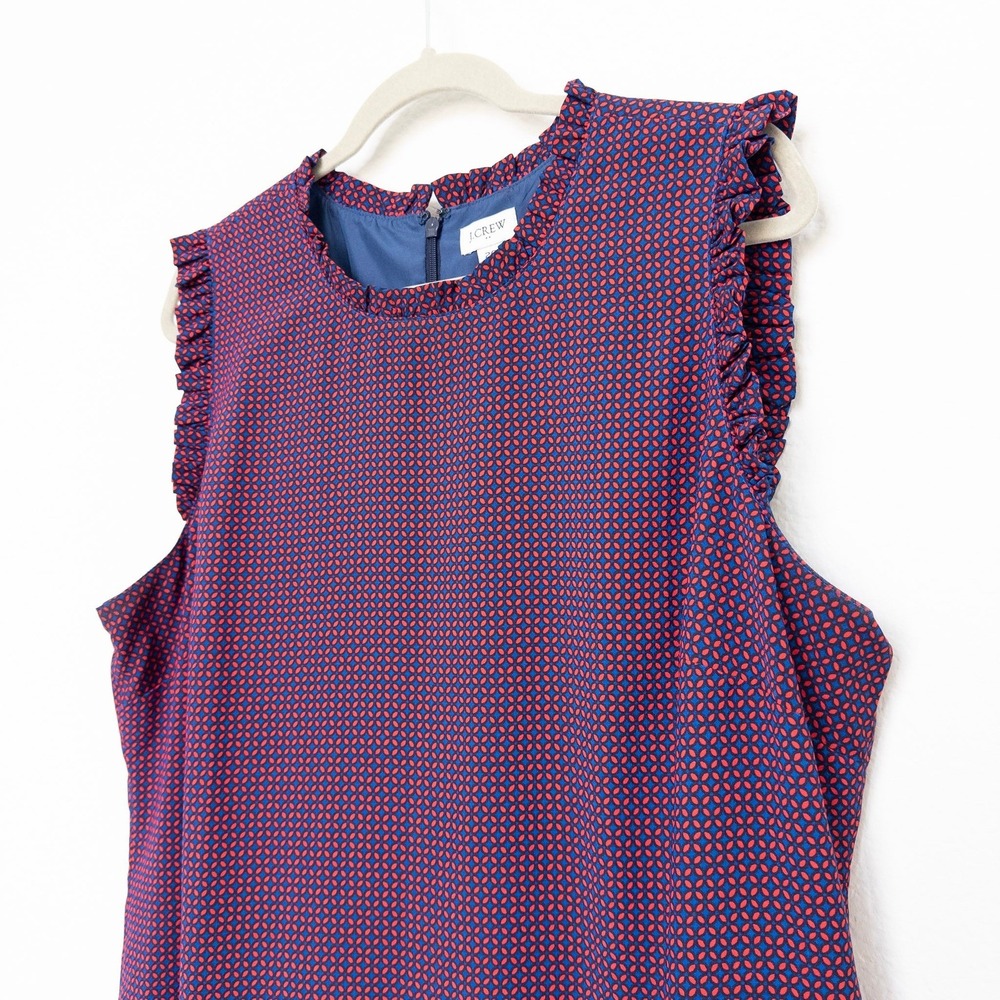 J.Crew Women Dress 20 Blue Red Geometric Ruffle Sleeveless Shift J5626 - Picture 6 of 9